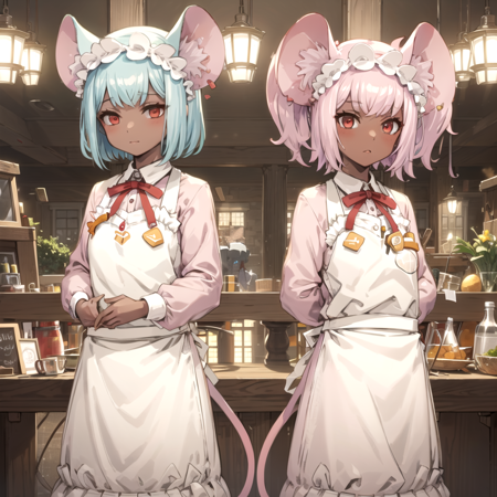 two anime mouse girls dressed in pink with aprons standing in front of building, dark-skinned f.png